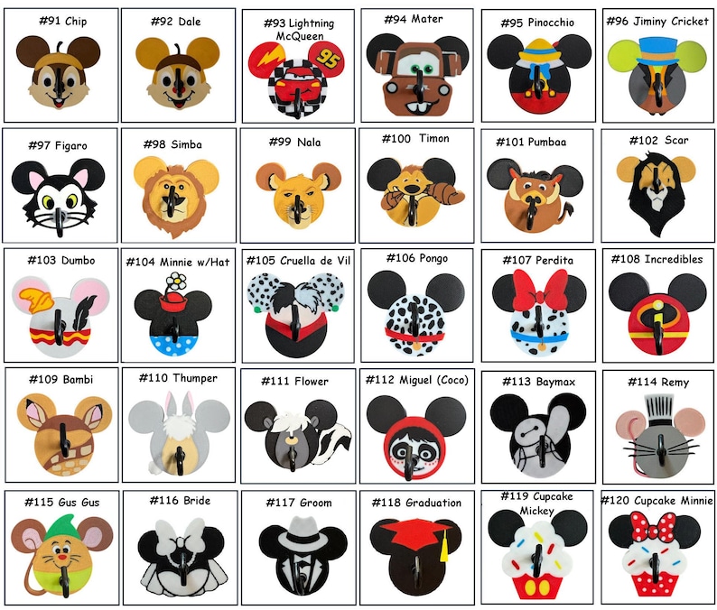 May include: A collection of decorative wall hooks featuring various Disney characters. Each hook is a different character, including Chip, Dale, Lightning McQueen, Mater, Pinocchio, and Jiminy Cricket. The hooks are colorful and made of a durable material.
