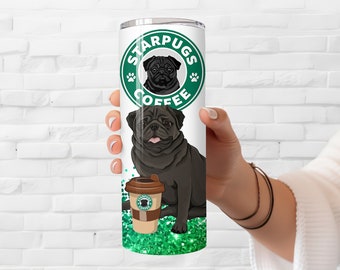 Black Pug Tumbler - Insulated Stainless Steel 20 oz. Skinny Tumbler with Lid and Straw