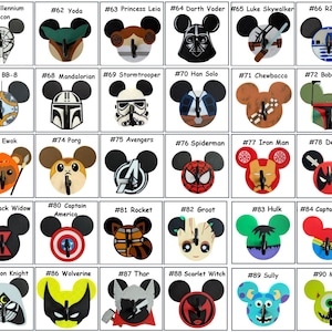 May include: A collection of character-themed Mickey Mouse ear headbands. Designs include Star Wars and Marvel characters like Darth Vader, Yoda, and Spider-Man. Each headband features a unique design and color scheme, perfect for fans.
