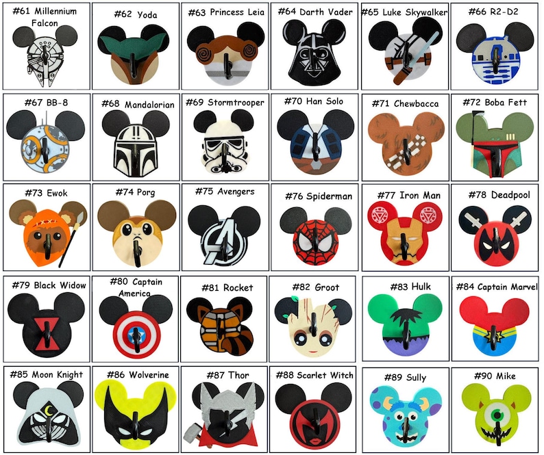 May include: A collection of character-themed Mickey Mouse ear headbands. Designs include Star Wars and Marvel characters like Darth Vader, Yoda, and Spider-Man. Each headband features a unique design and color scheme, perfect for fans.