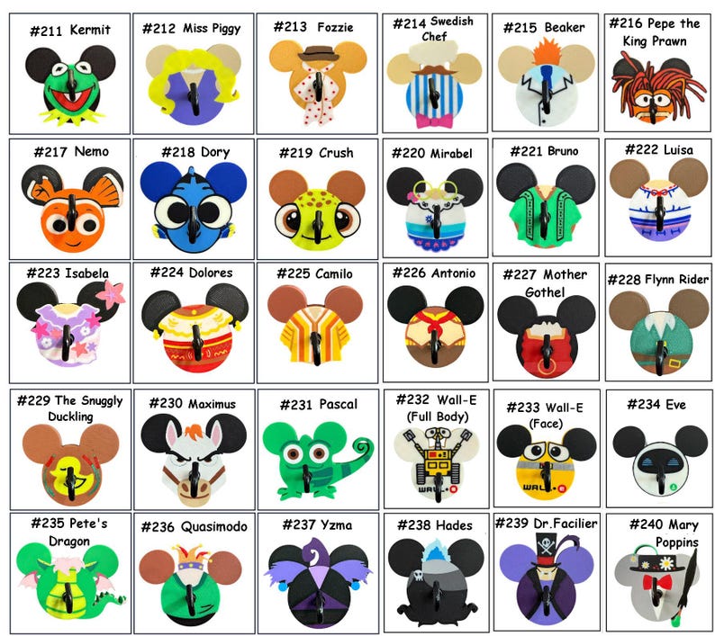 May include: A collection of decorative wall hooks featuring various Disney and Muppet characters. Each hook is designed with a Mickey Mouse ear shape and a character-specific design, including Kermit, Miss Piggy, Nemo, and Wall-E.