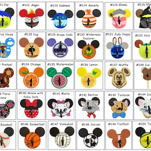 May include: A collection of decorative Mickey Mouse-shaped bottle stoppers. Each stopper features a unique design, including fruits, characters, and sports themes. The stoppers are numbered from #121 to #150.