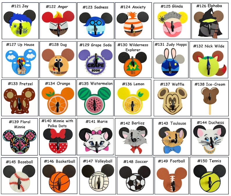 May include: A collection of decorative Mickey Mouse-shaped bottle stoppers. Each stopper features a unique design, including fruits, characters, and sports themes. The stoppers are numbered from #121 to #150.