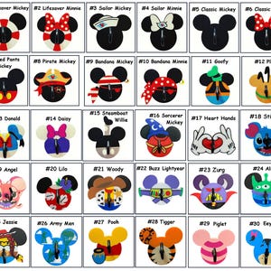 May include: A collection of 30 character-themed wall hooks featuring Mickey Mouse, Minnie Mouse, and other Disney characters. Each hook is a different design, including Lifesaver Mickey, Pirate Mickey, Donald Duck, and Stitch. The hooks are black with colorful accents.