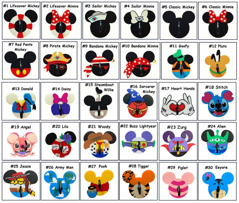 May include: A collection of 30 character-themed wall hooks featuring Mickey Mouse, Minnie Mouse, and other Disney characters. Each hook is a different design, including Lifesaver Mickey, Pirate Mickey, Donald Duck, and Stitch. The hooks are black with colorful accents.