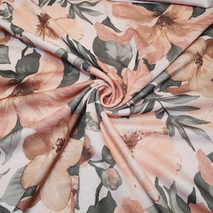 Tela de punto elástico para vestido, con estampado floral en color melocotón, de jersey de Roma, de 58" por metro