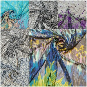 May include: A collection of six different fabric swatches featuring various patterns and colours. The swatches include a blue and white floral design, a black and white geometric design, a white and purple floral design, a black and white zebra design, a blue, green, and yellow abstract design, and a blue and white animal print design.