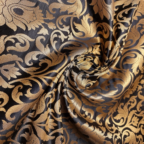 Luxueux Ornemental Paisley Or Métallisé Imprimé Indien Poly Soie Banarasi Brocart Robe Craft Tissu Matériel 45" - 112cm Large D#2 (Noir)
