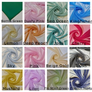 May include: A collection of 12 fabric swatches in various colors, including bottle green, dusty pink, sea green, kingfisher, lemon, deep peach, jade, cherry, sky, pink, beige gold, black, mustard, lilac, flo mint green, and french navy. The fabric is sheer and has a slight crinkle texture.