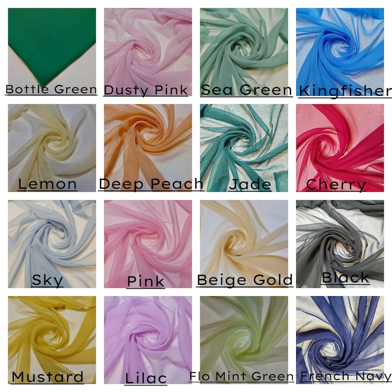 May include: A collection of 12 fabric swatches in various colors, including bottle green, dusty pink, sea green, kingfisher, lemon, deep peach, jade, cherry, sky, pink, beige gold, black, mustard, lilac, flo mint green, and french navy. The fabric is sheer and has a slight crinkle texture.