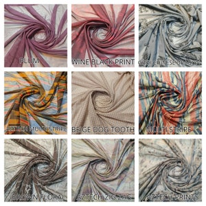 May include: Nine different fabric swatches with various patterns and colors. The swatches are arranged in a grid of three rows and three columns. The patterns include plum, wine black print, grey Chinese dragon, aztech multi stripe, beige dog tooth, multi stripe, brown floral, aztech zig zag, and aztech prints.