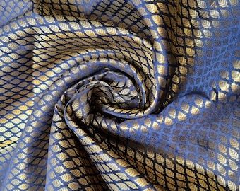 Luxurious Ornamental Paisley Gold Metallic Print Indian Poly Silk Banarasi Brocade Dress Craft Fabric Material 45"-112cm Wide D#4(Navy Blue)