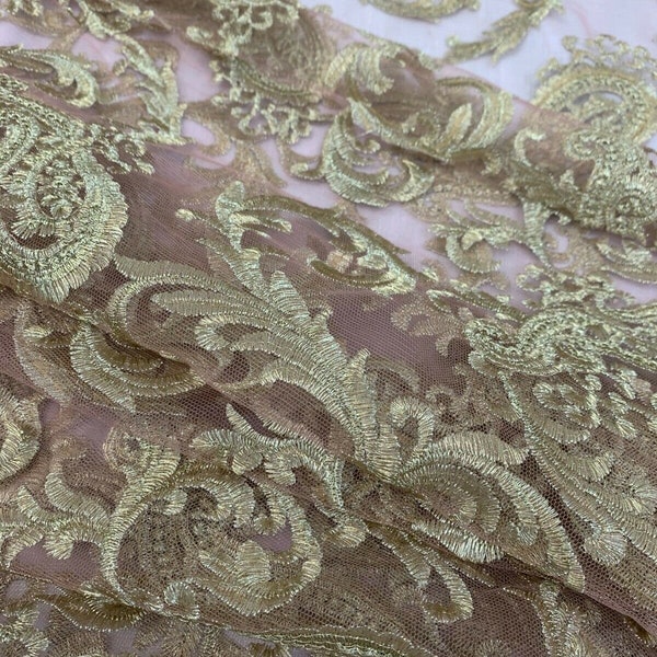 Paisley Gold Metallic Thread Gold Embroidery Pink Net Dressmaking Fabric 58"