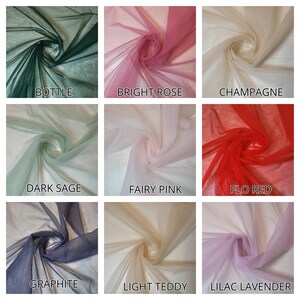 May include: Nine swatches of sheer fabric in various colors, including bottle green, bright rose, champagne, dark sage, fairy pink, flo red, graphite, light teddy, and lilac lavender.