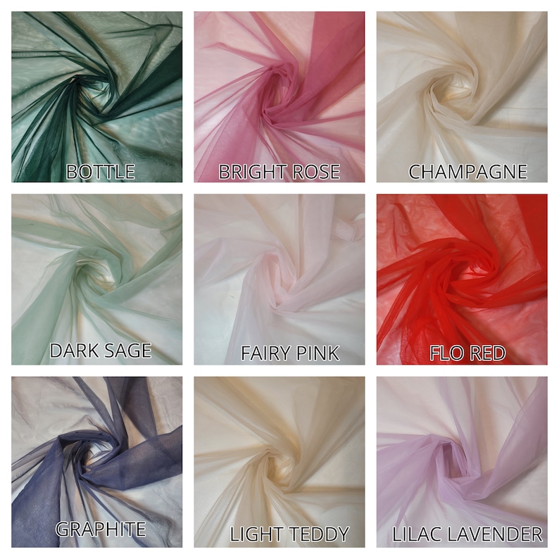 May include: Nine swatches of sheer fabric in various colors, including bottle green, bright rose, champagne, dark sage, fairy pink, flo red, graphite, light teddy, and lilac lavender.