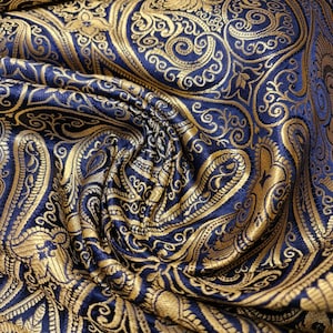 Sier paisley goud metallic print Indiase banarasi brokaat stof per meter Navy Blue
