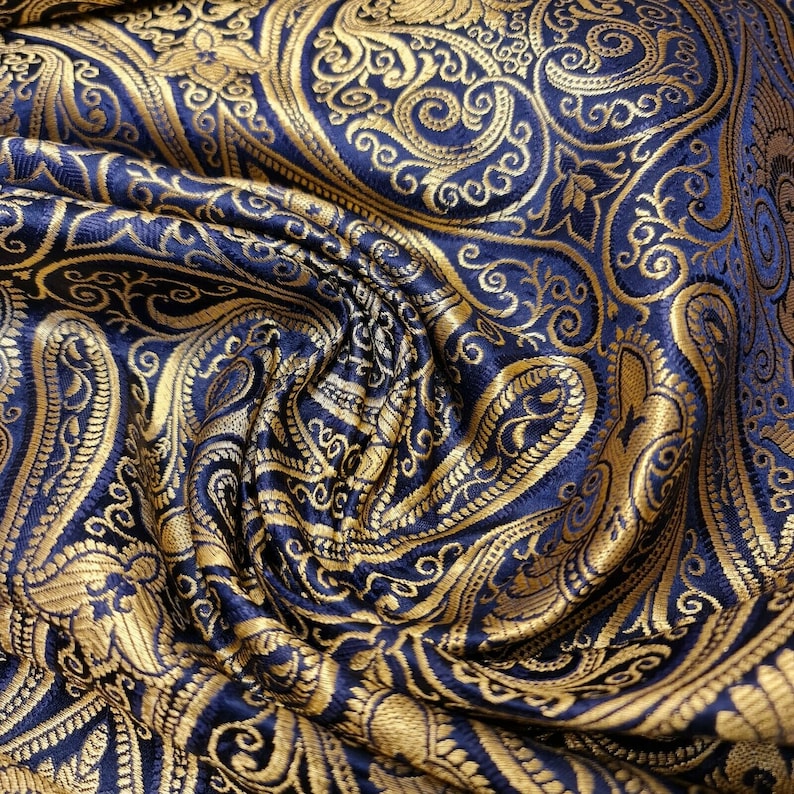Sier paisley goud metallic print Indiase banarasi brokaat stof per meter Navy Blue