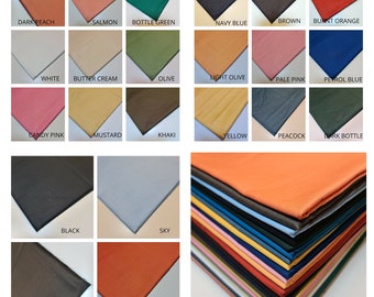 May include: A color chart of fabric swatches with names for each color, including dark peach, salmon, bottle green, navy blue, brown, burnt orange, white, butter cream, olive, light olive, pale pink, petrol blue, candy pink, mustard, khaki, yellow, peacock, dark bottle, black, sky, taupe, and peach.