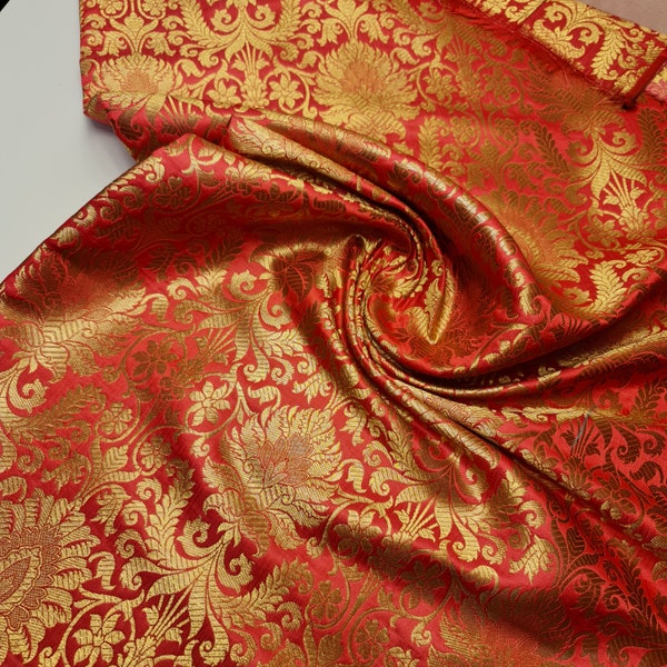 Luxurious Ornamental Paisley Gold Metallic Print Indian Poly Silk Banarasi Brocade Dress Craft Fabric Material 45"-112cm Wide D1(Coral Pink)