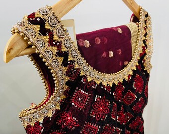 Wine Velvet Embroidered 3 Piece Modern Ethnic Patiala Suit With Sequin & Stone Embelishment For Wedding, Party Wear Readymade - Size 38