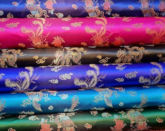 Oriental Chinese Embroidery Brocade Poly Silk Satin Oriental Dragon Fabric 36&quot;