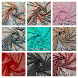 May include: Nine swatches of sheer fabric in various colors and patterns, including multi checks, brown road safety, pink polka dots, teal road safety, green stripes, mustard, red, black, and burgundy.