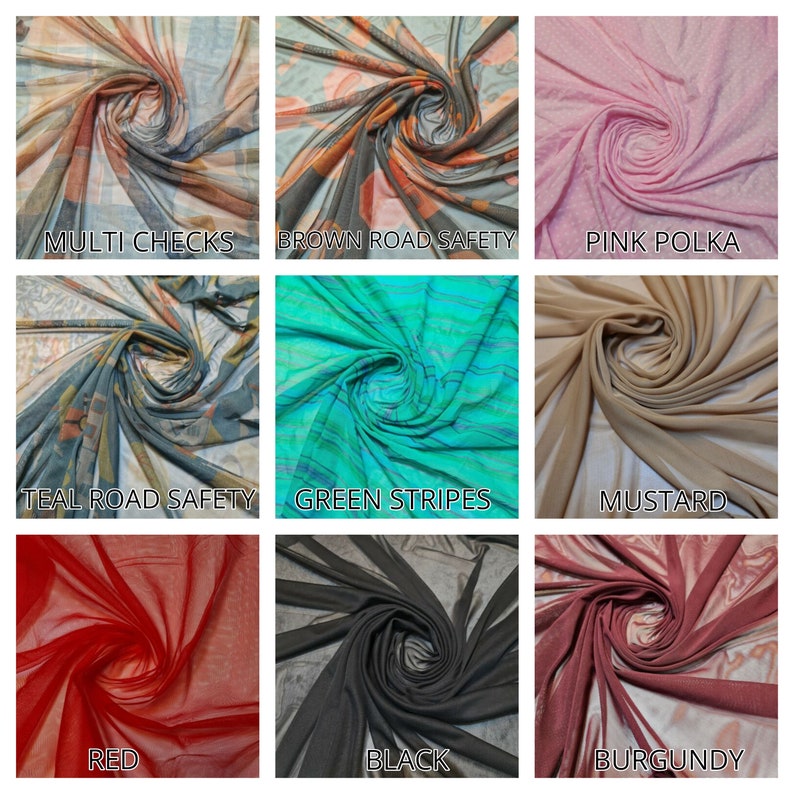 May include: Nine swatches of sheer fabric in various colors and patterns, including multi checks, brown road safety, pink polka dots, teal road safety, green stripes, mustard, red, black, and burgundy.