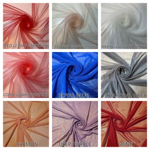 May include: Nine swatches of sheer fabric in various colors, including red, coral, nude pink, white, royal blue, charcoal grey, salmon, deep purple, and wine. Each swatch is folded in a spiral shape.