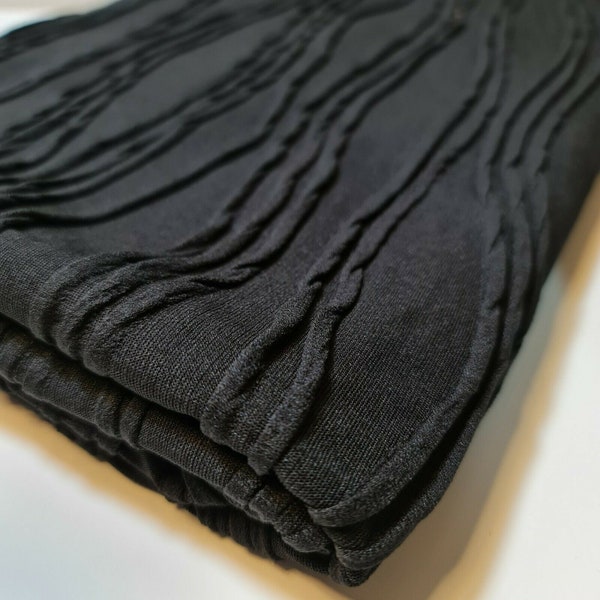 BLACK Ribbed Pleated Tramline Stretch Jersey Elastane Dress Fabric Material 58"