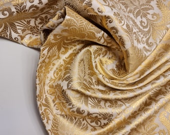Luxurious Ornamental Paisley Gold Metallic Print Indian Poly Silk Banarasi Brocade Dress Craft Fabric Material 45" - 112cm Wide D#1 (Ivory)