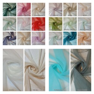May include: A collection of 18 fabric swatches in various colors, including bottle green, bright rose, champagne, mauve, mink, nude, dark sage, fairy pink,  plo red, olive green, pastel green, pastel mint, graphite, light teddy, lilac lavender, sage, teal, terracotta, white, beige, turquoise, and camo green. The fabric is sheer and has a delicate texture.
