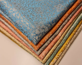 Ornamental Floral Pastels Gold Metallic Print Indian Brocade Fabric Design 44"