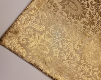 Luxurious Ornamental Paisley Gold Metallic Indian Poly Silk Banarasi Brocade Dress Craft Fabric Material 45" - 112cm Wide D#1 (Light Gold)