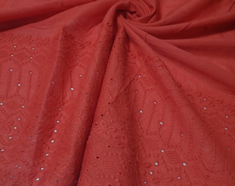 Tela roja 100 % algodón con bordado inglés suave para vestido y manualidades (112 cm de ancho)