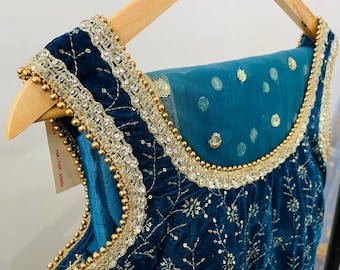 Teal Velvet Embroidered 3 Piece Modern Ethnic Patiala Suit With Sequin & Stone Embelishment For Wedding, Party Wear Readymade - Size 38