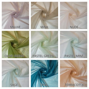 May include: Nine swatches of sheer fabric in various colors, including mauve, mink, nude, olive green, pastel green, pastel mint, sage, teal, and terracotta.