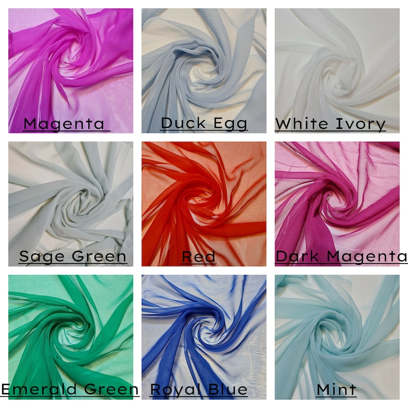 May include: Nine swatches of sheer fabric in various colors, including magenta, duck egg blue, white ivory, sage green, red, dark magenta, emerald green, royal blue, and mint.