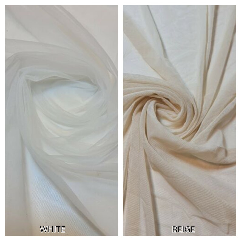 May include: Two swatches of sheer fabric, one white and one beige. The fabric is draped and folded to show its texture.