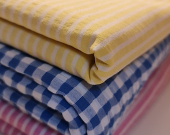 Randigt Seersucker Garnfärgat Bomullstyg Mjukt och Svalt Sommarpyjamasklänning Kostym Quiltmaterial 44" i Metervara
