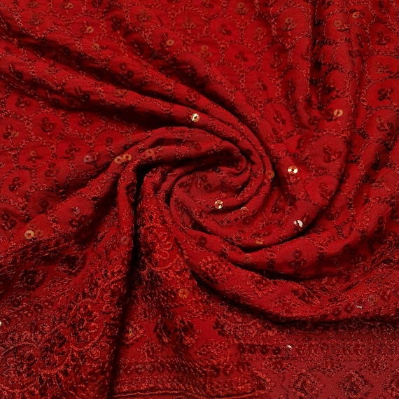 Red Broderie Anglais Viscose Fabric with Sequins – Soft Embroidered Craft & Dress Fabric – 44" Wide by the Metre