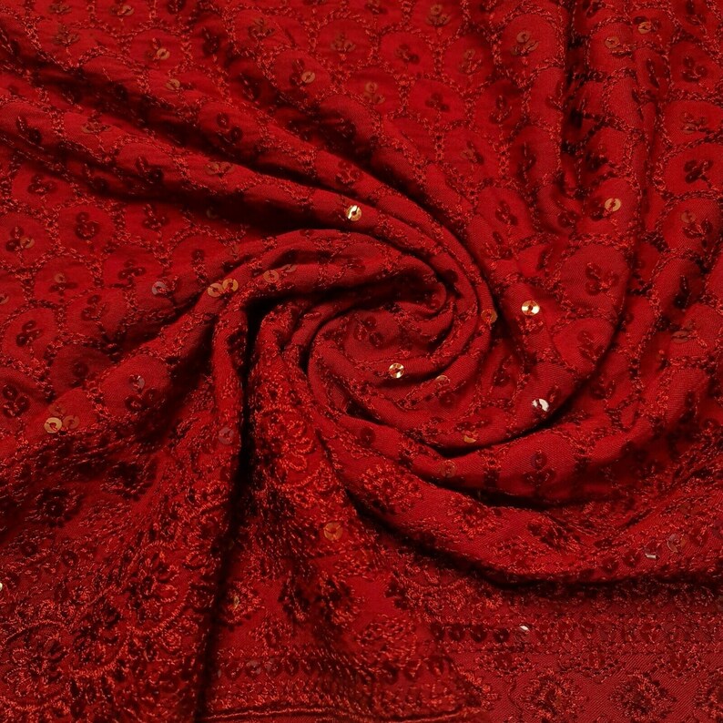 Red Broderie Anglais Viscose Fabric with Sequins – Soft Embroidered Craft & Dress Fabric – 44" Wide by the Metre image 1