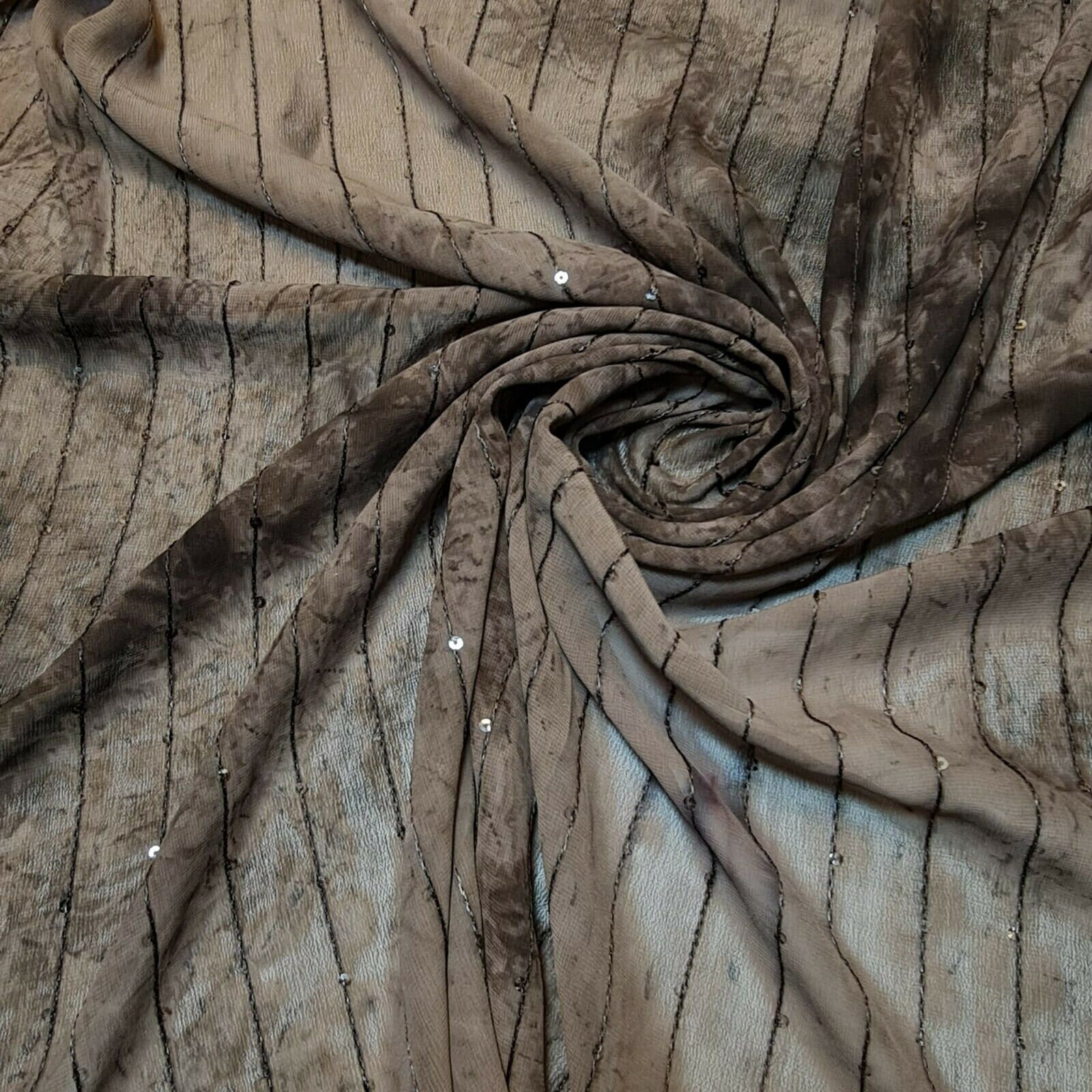 Clouded Tie Dyed Brown Embroidered Crepe Chiffon Dressmaking Fabric 58" inch By Meter