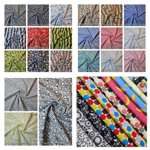 May include: A collection of fabric swatches featuring various patterns, including floral, geometric, and animal prints. The swatches are arranged in a grid pattern and include a variety of colors, such as blue, green, red, and yellow.