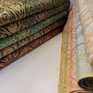 Ornamental Paisley Gold Metallic Print Indian Banarasi Brocade Fabric By Meter