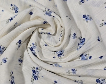 Premium 100% Crinkle Cotton Fabric Off-White & Blue Ditsy Floral Print 58" Wide