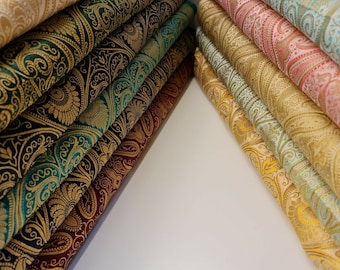 Ornamental Paisley Gold Metallic Print Indian Banarasi Brocade Fabric By Meter