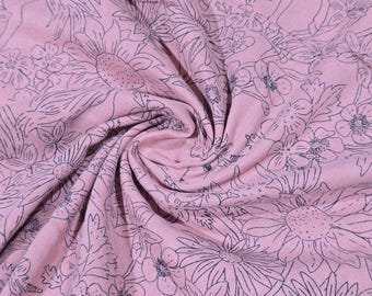 Premium 100% Cotton Double Gauze Fabric Dusky Pink Floral Unicorn Line Print 58"