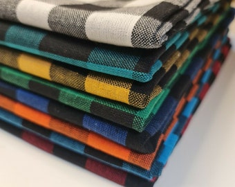 Premium 100% Cotton Gingham 1&quot; Plaid Woven Check Khadi Soft Linen Handloom Dress Craft Fabric Material 42&quot; - 106 cm Wide