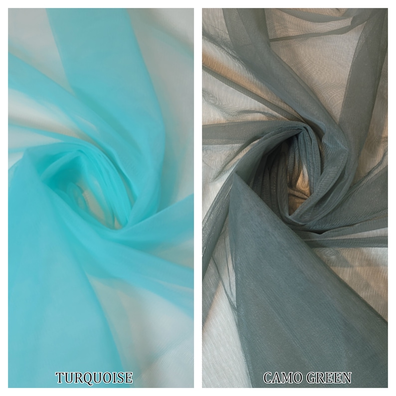 May include: Two swatches of sheer fabric, one turquoise and one camo green.