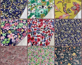May include: A collage of nine different fabric swatches featuring various floral and paisley patterns. The fabrics are in a variety of colours, including blue, green, pink, red, yellow, and brown.